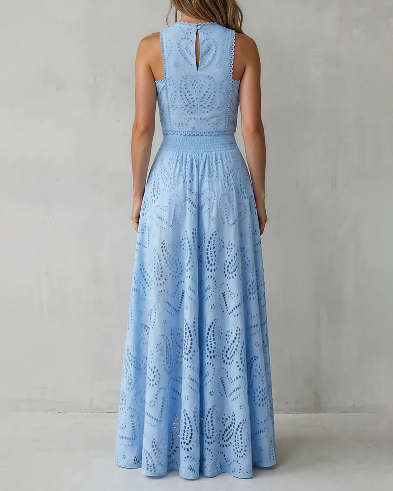 Natalie Blue Sleeveless Eyelet Embroidery Two-Piece Maxi Set