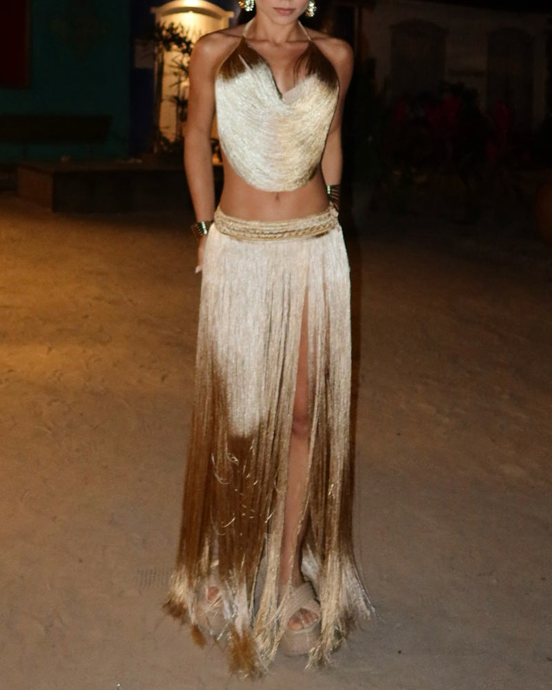 Azariah Gold Halter Fringe Top & Slit Fringe Maxi Skirt Set
