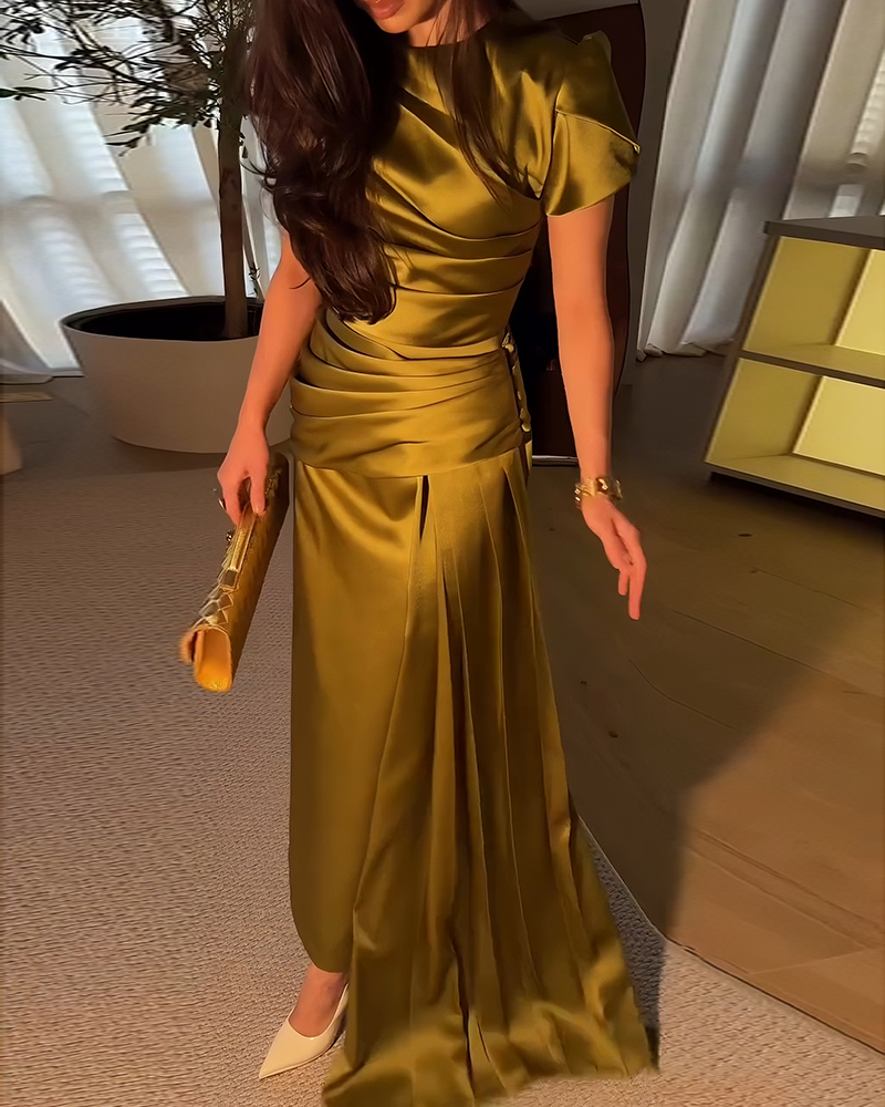 Zaira Green Short Sleeve Pleated Satin Draped Maxi Dress Set