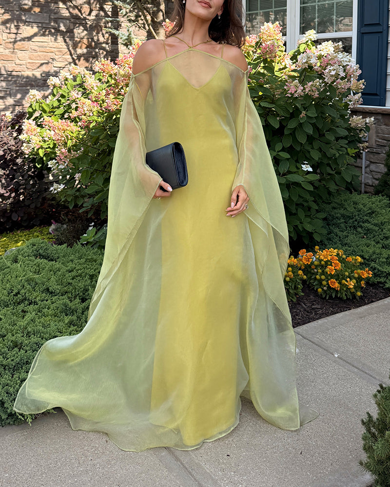 Aspen Green Sheer Organza Cape Top and Slip Maxi Dress Sets