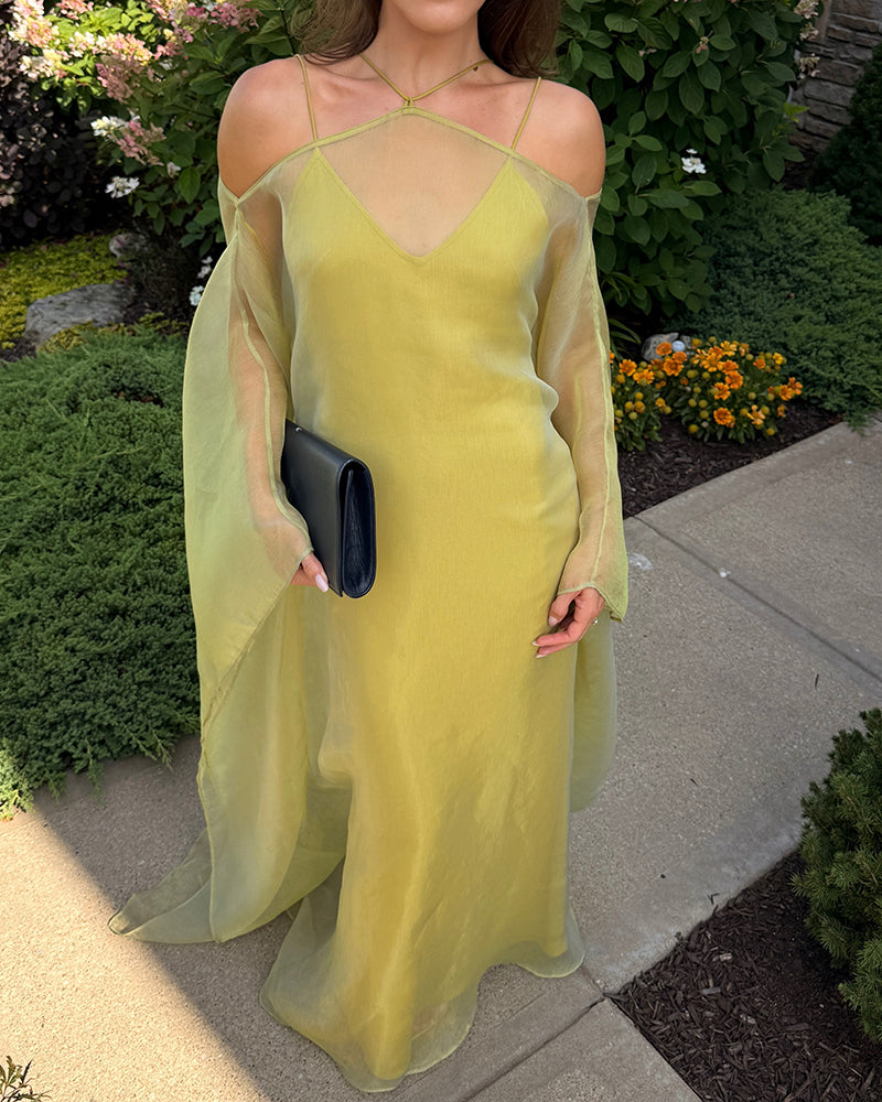 Aspen Green Sheer Organza Cape Top and Slip Maxi Dress Sets