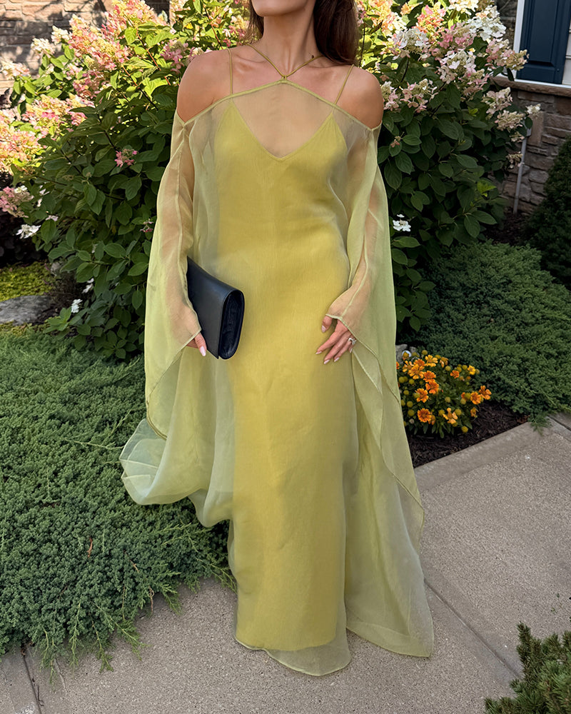 Aspen Green Sheer Organza Cape Top and Slip Maxi Dress Sets