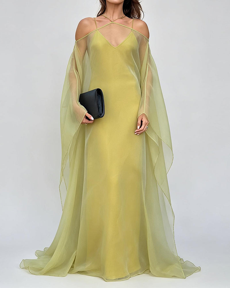 Aspen Green Sheer Organza Cape Top and Slip Maxi Dress Sets