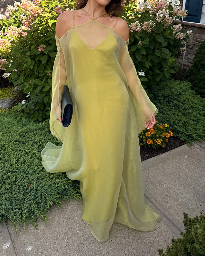 Aspen Green Sheer Organza Cape Top and Slip Maxi Dress Sets