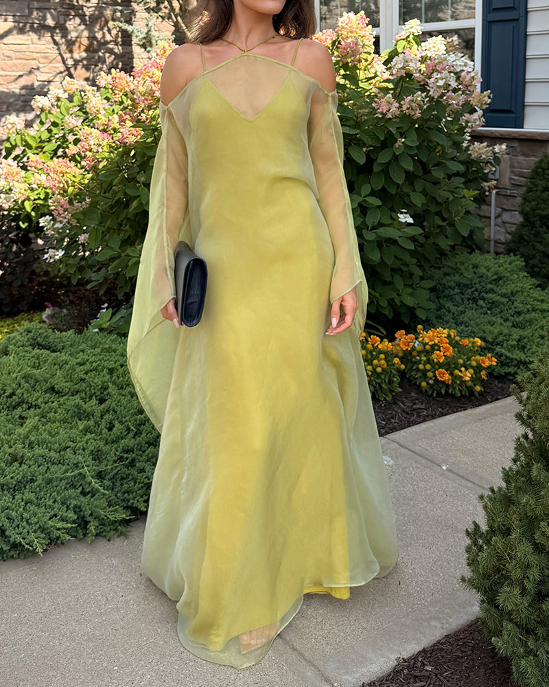 Aspen Green Sheer Organza Cape Top and Slip Maxi Dress Sets