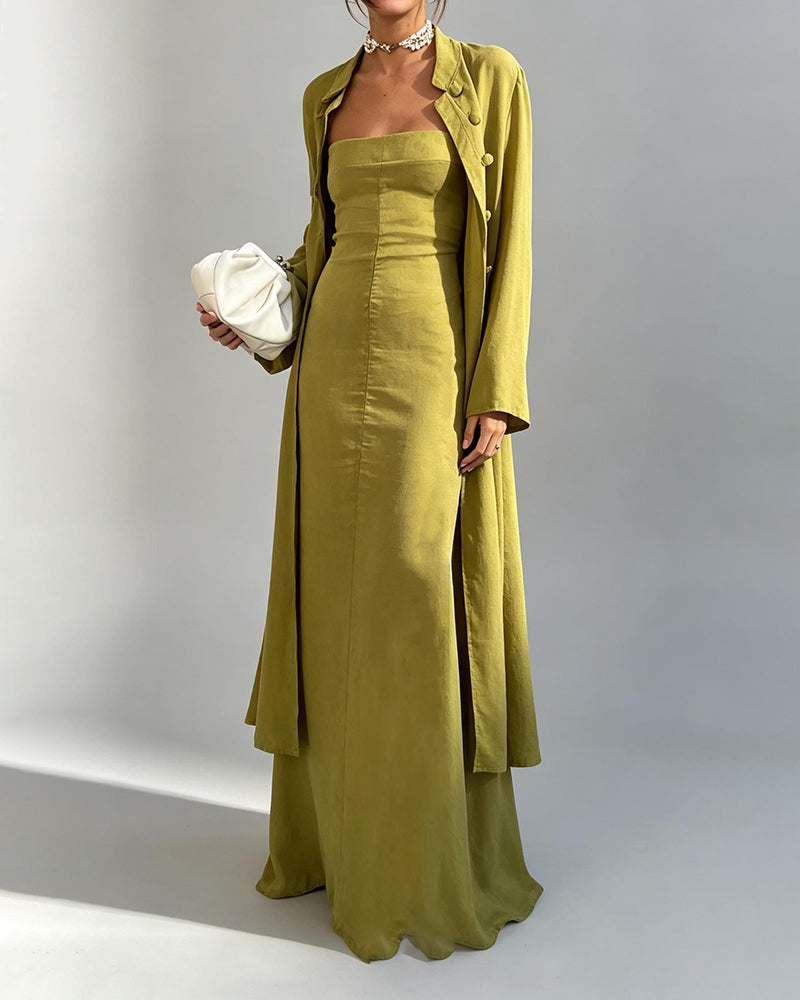 Tessa Green Structured Gown and Mandarin Collar Robe Two-Piece Set