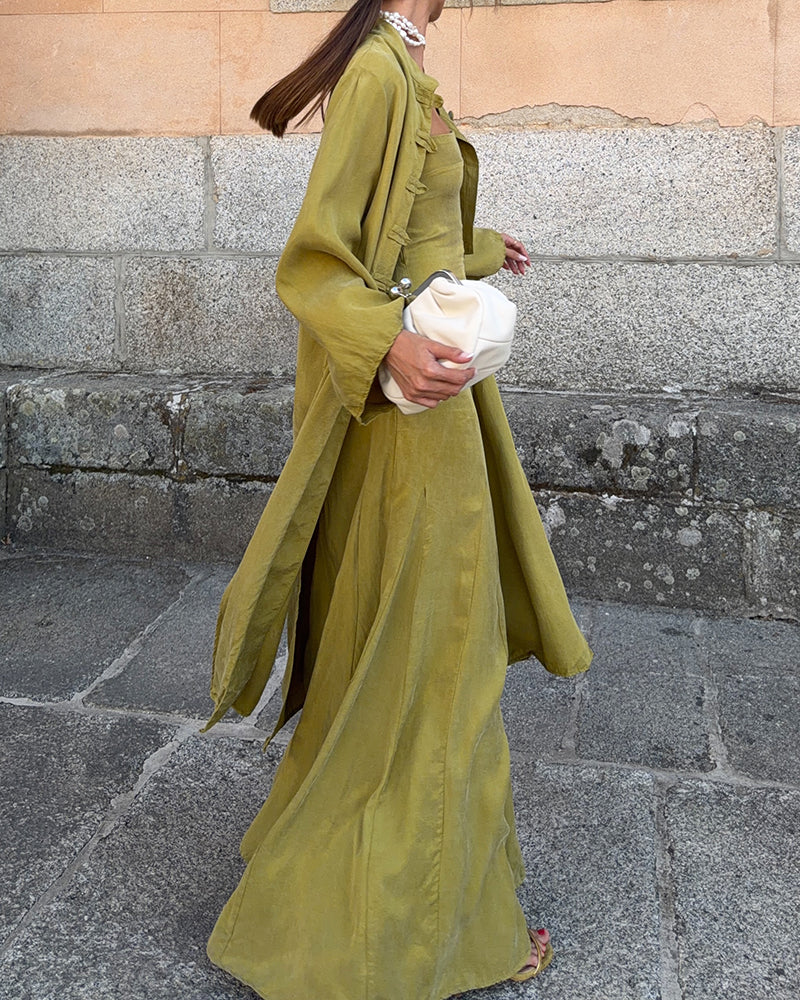 Tessa Green Structured Gown and Mandarin Collar Robe Two-Piece Set