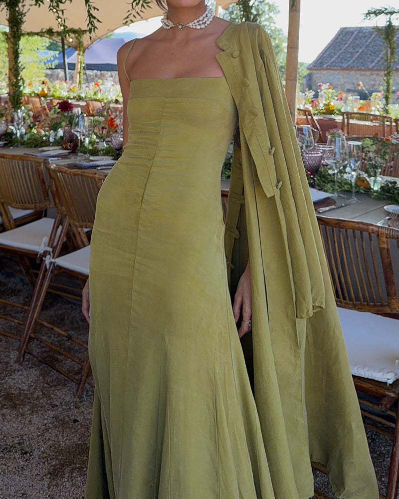 Tessa Green Structured Gown and Mandarin Collar Robe Two-Piece Set