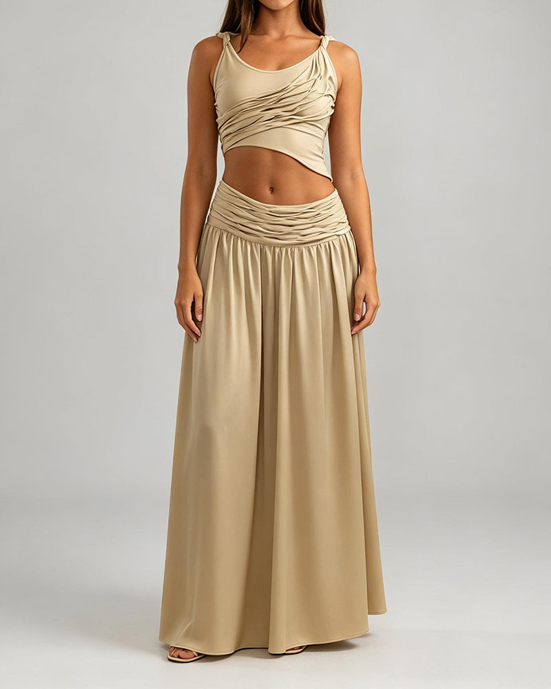 Lenora Khaki Ruched Jersey Two-Piece Maxi Set