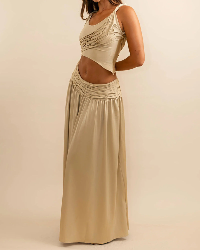 Lenora Khaki Ruched Jersey Two-Piece Maxi Set