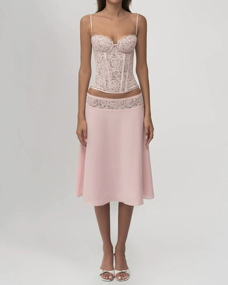 Talia Pink Lace Top & Midi Skirt Two-Piece Set
