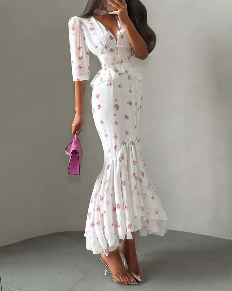 Elira White V-Neck Floral Peplum Crop Top & Mermaid Maxi Skirt Set