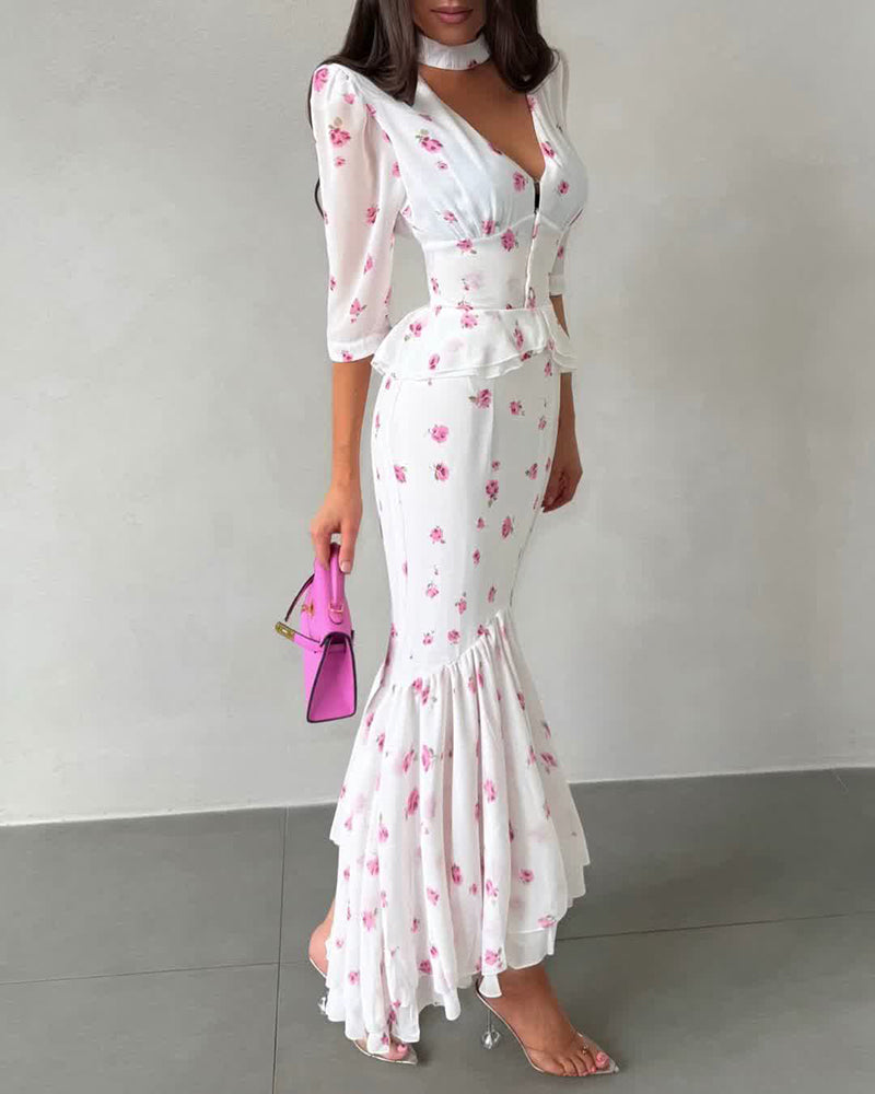Elira White V-Neck Floral Peplum Crop Top & Mermaid Maxi Skirt Set