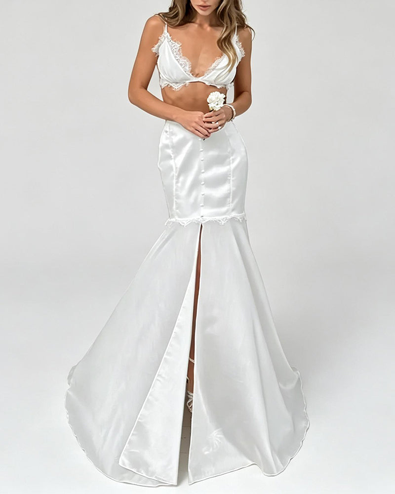 Yasmin White Lace Trim Top & High Slit Mermaid Skirt Set