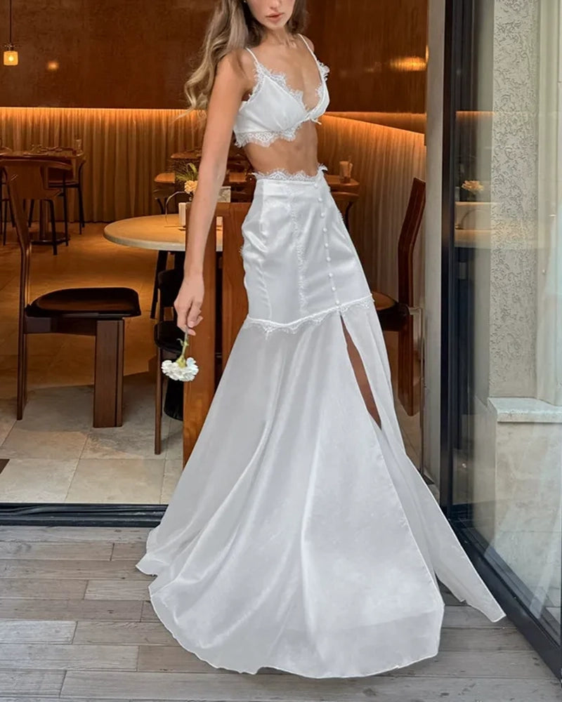 Yasmin White Lace Trim Top & High Slit Mermaid Skirt Set