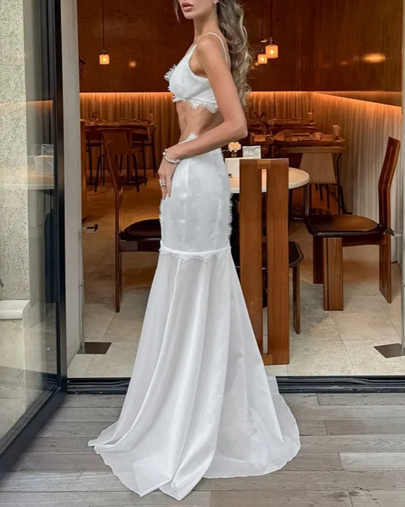 Yasmin White Lace Trim Top & High Slit Mermaid Skirt Set