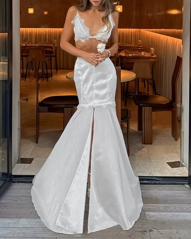 Yasmin White Lace Trim Top & High Slit Mermaid Skirt Set