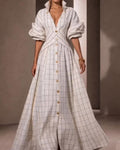 Viola White Plaid Puff-Sleeve High-Collar Shirt Maxi Dress