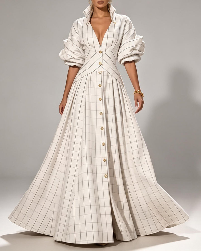 Viola White Plaid Puff-Sleeve High-Collar Shirt Maxi Dress