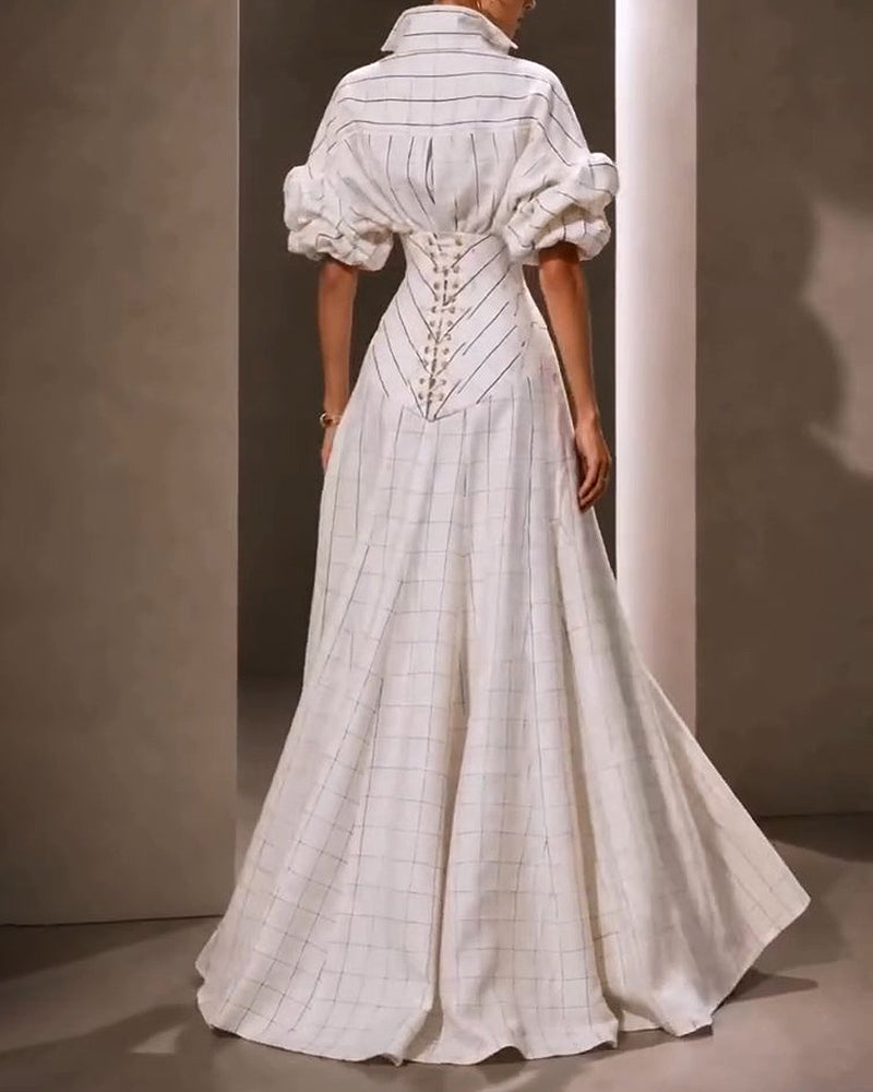Viola White Plaid Puff-Sleeve High-Collar Shirt Maxi Dress