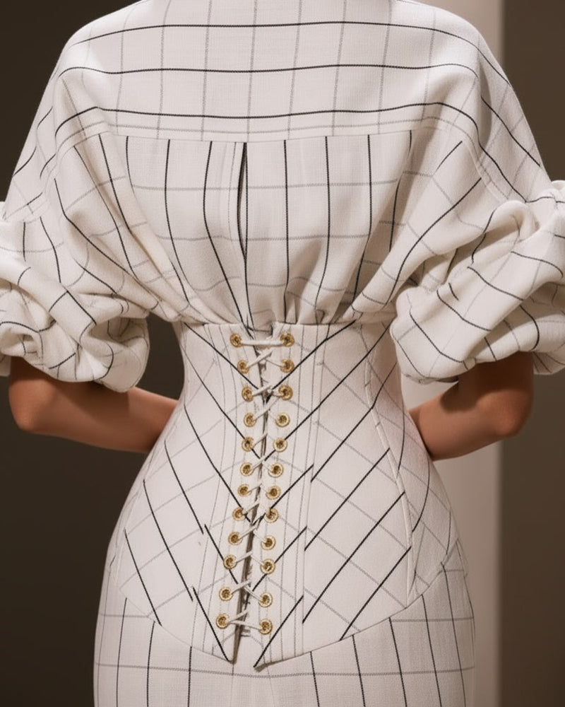 Viola White Plaid Puff-Sleeve High-Collar Shirt Maxi Dress