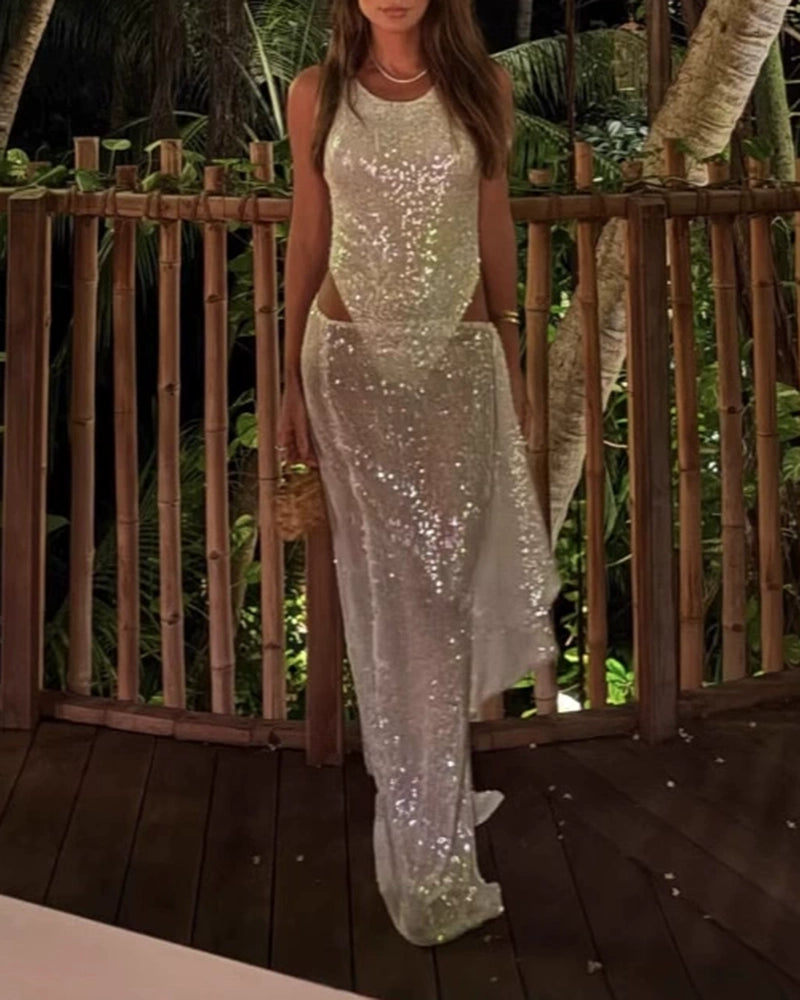 Vanessa White Sequin Bodysuit & Draped Maxi Skirt Set