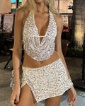 Vespera White Sequin Halter Top & Split Mini Skirt Set