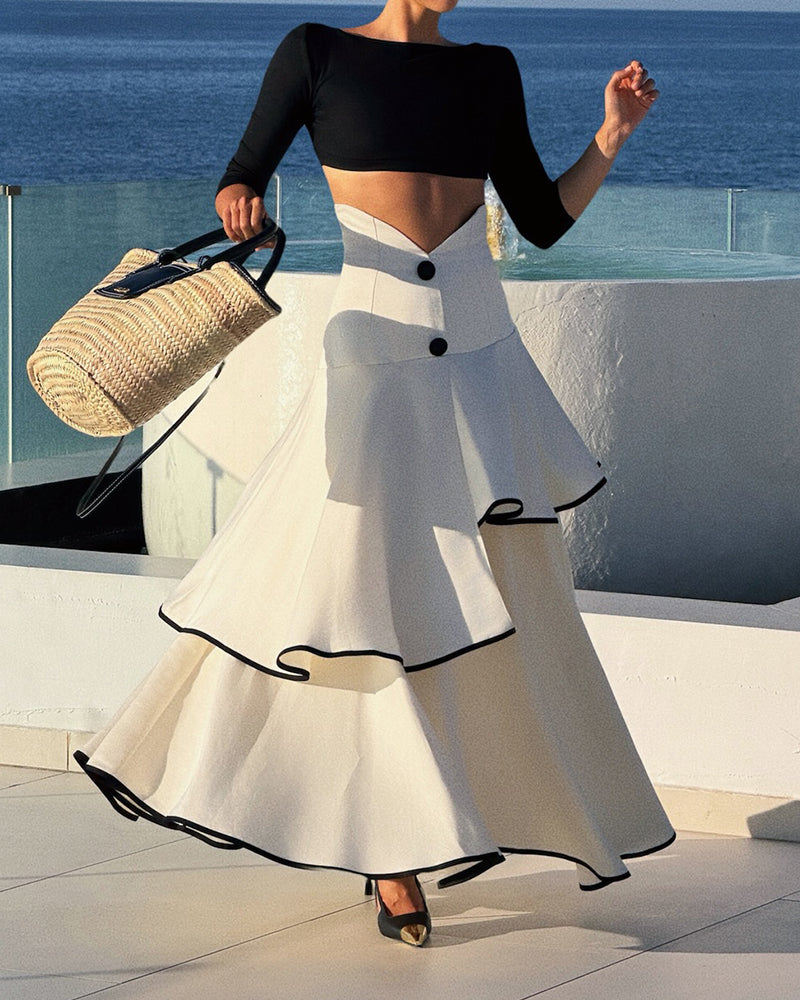 Mabel White Contrast Piping Tiered Two-Piece Maxi Skirt Set
