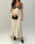 Juliette Beige V-Neck Lace Trim Satin Slip Maxi Dress