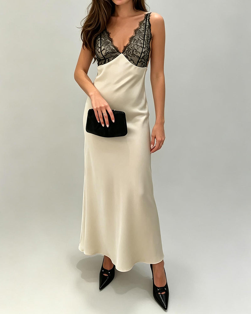 Juliette Beige V-Neck Lace Trim Satin Slip Maxi Dress