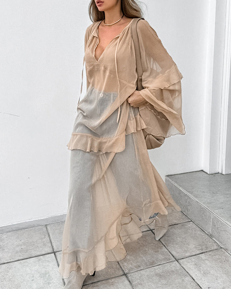 Bellamy Khaki V-Neck Sheer Tiered Ruffle Maxi Dress