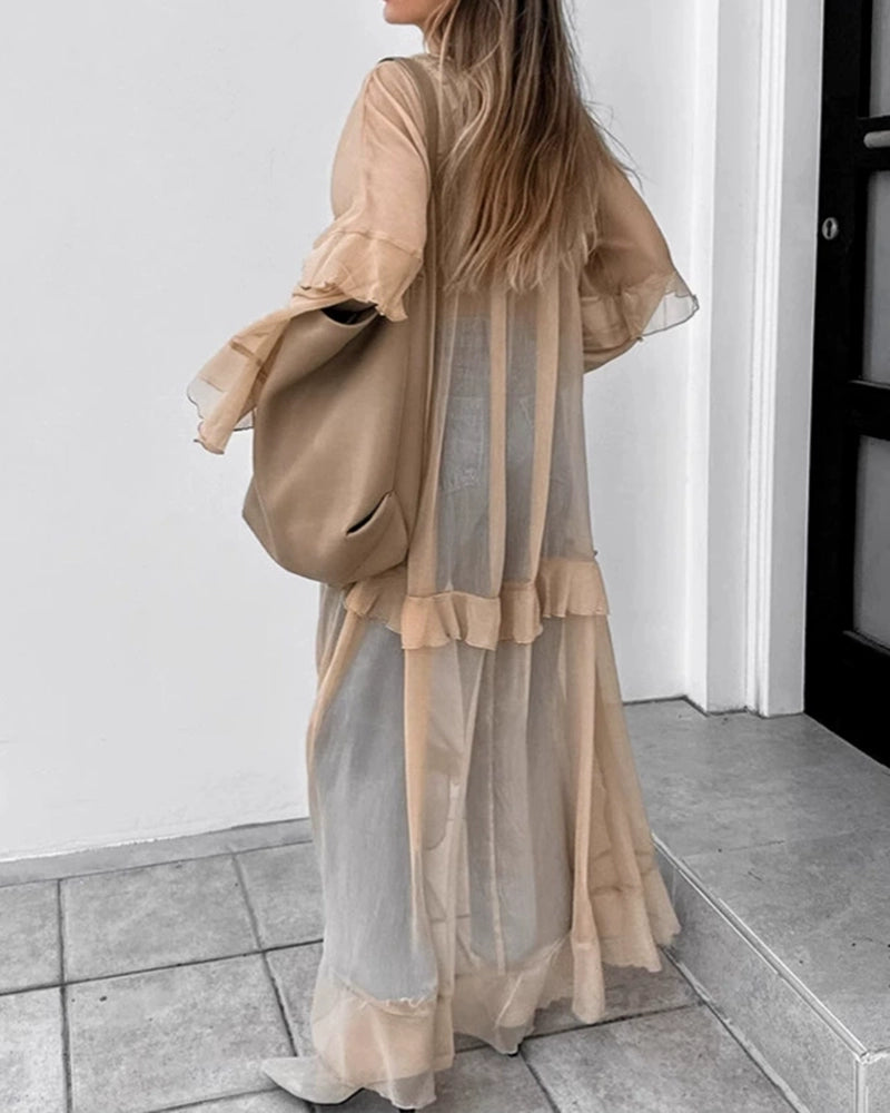 Bellamy Khaki V-Neck Sheer Tiered Ruffle Maxi Dress