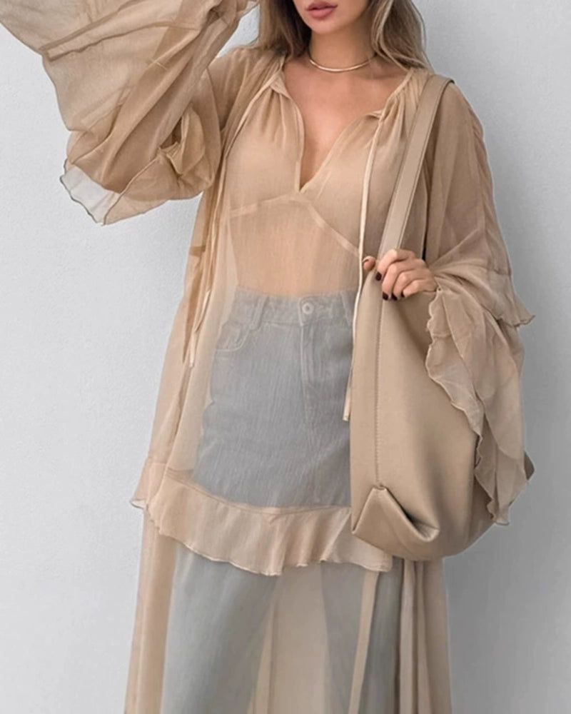 Bellamy Khaki V-Neck Sheer Tiered Ruffle Maxi Dress