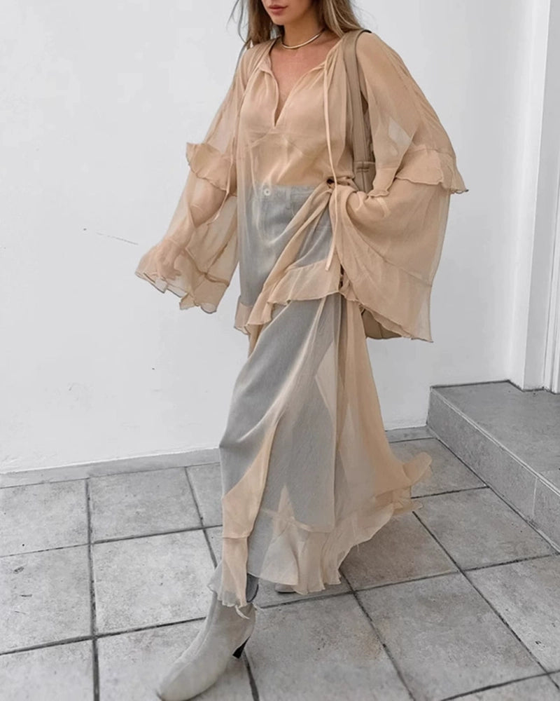 Bellamy Khaki V-Neck Sheer Tiered Ruffle Maxi Dress