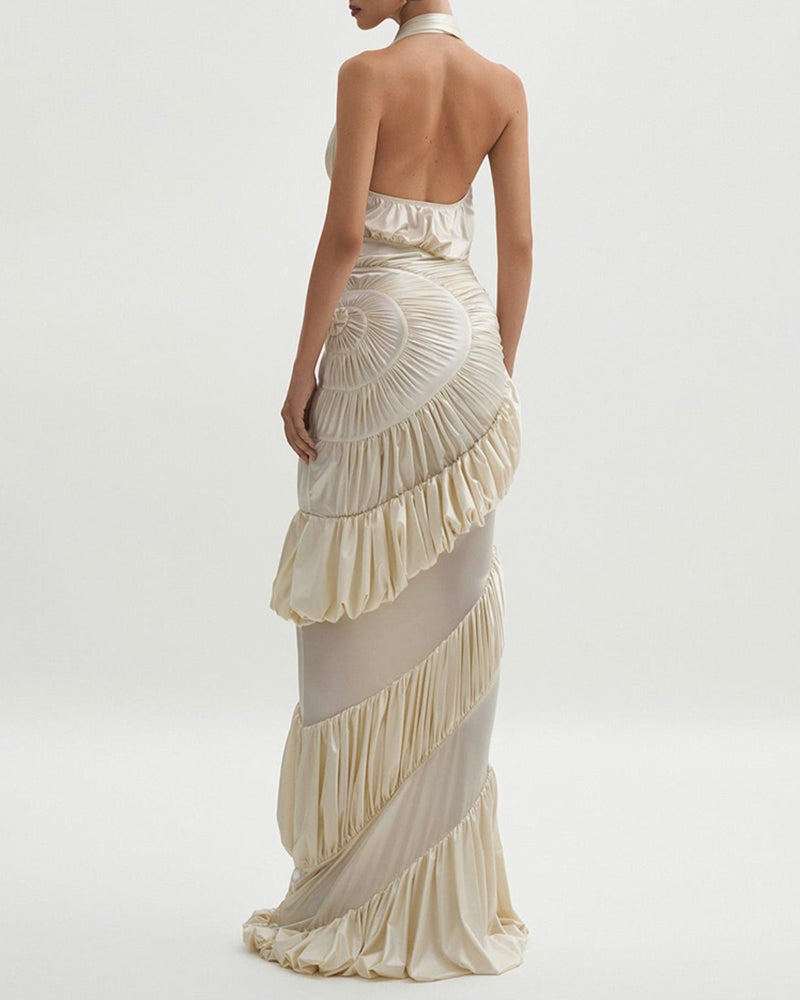 Veda Beige Ruffled Halter Pleated Maxi Dress
