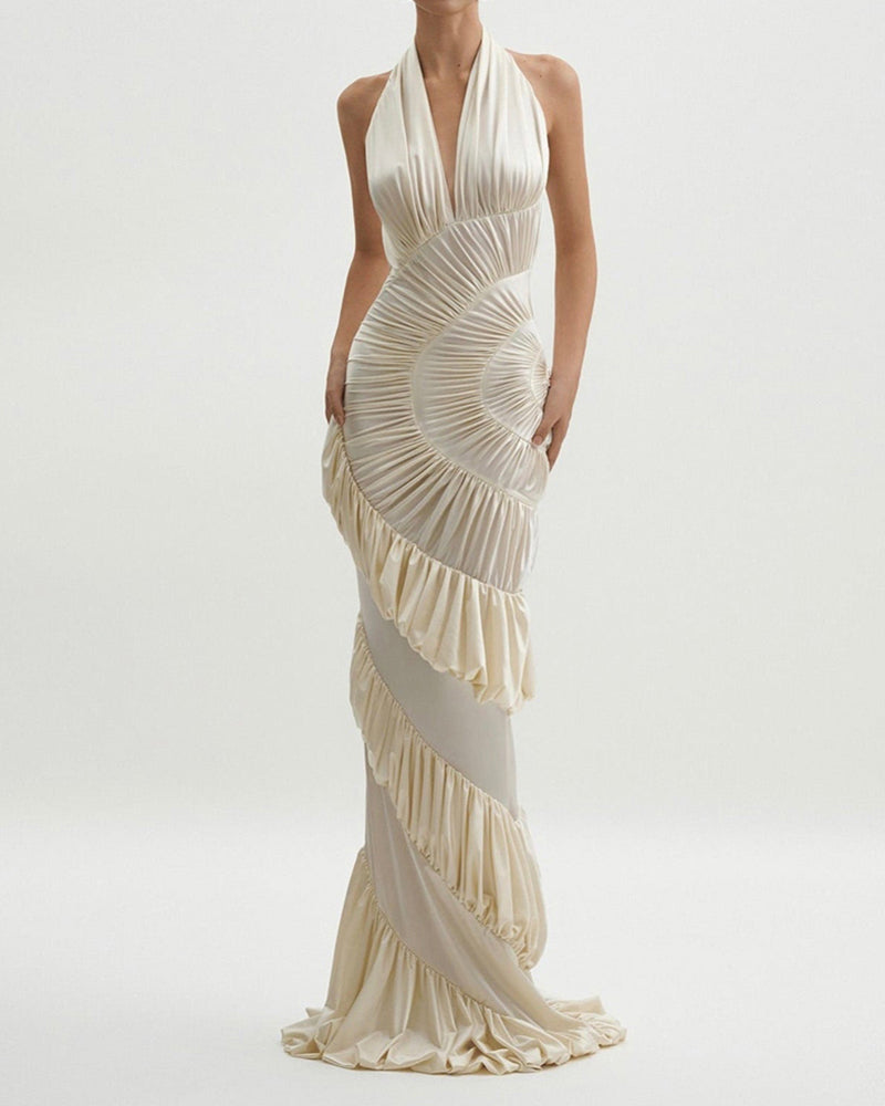 Veda Beige Ruffled Halter Pleated Maxi Dress