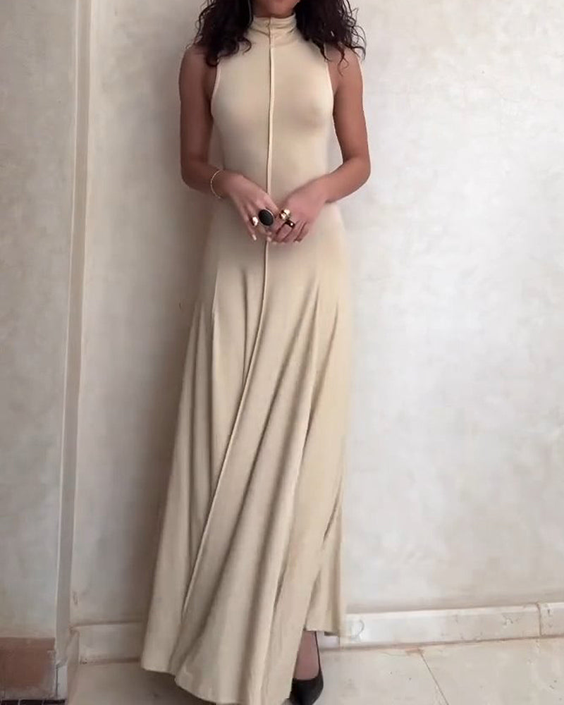 Zaida Beige High-Neck Center-Seam Maxi Dress