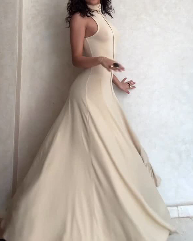 Zaida Beige High-Neck Center-Seam Maxi Dress
