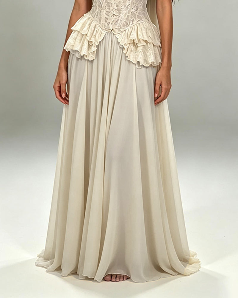 Priscilla Beige Lace Deep V Chiffon Maxi Gown