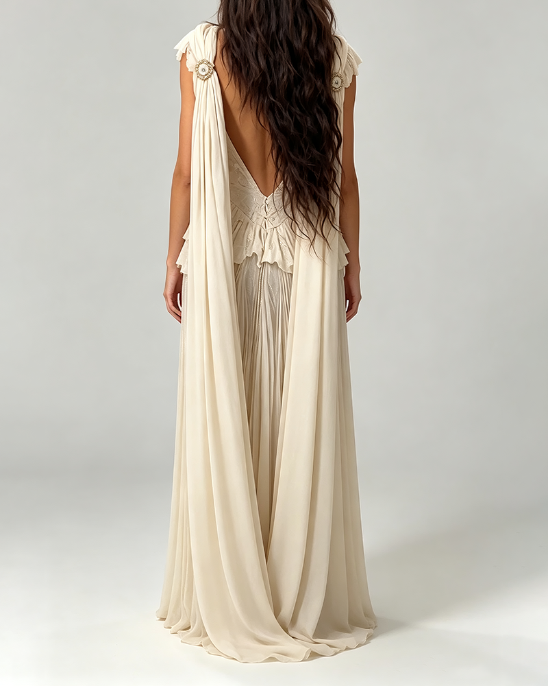 Priscilla Beige Lace Deep V Chiffon Maxi Gown