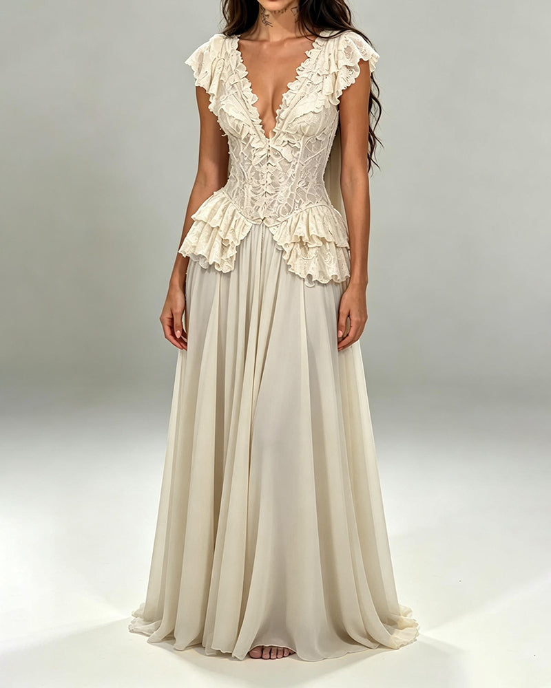 Priscilla Beige Lace Deep V Chiffon Maxi Gown