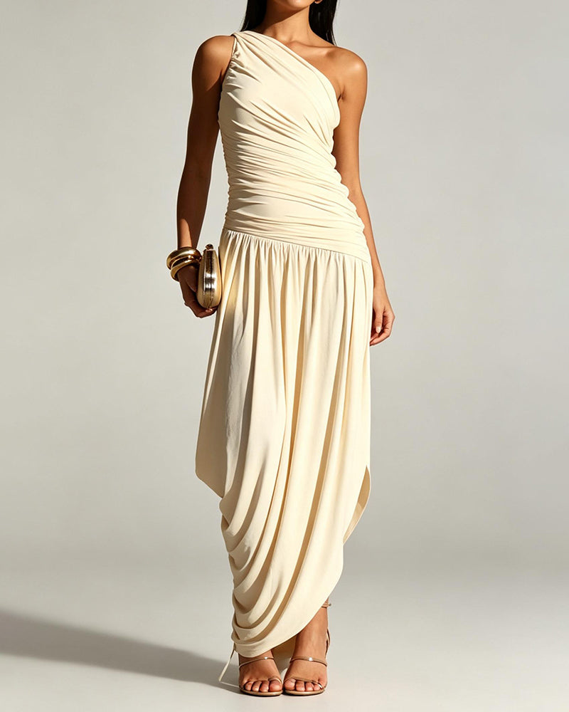 Valeria Beige One Shoulder Ruched Draped Maxi Dress