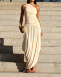 Valeria Beige One Shoulder Ruched Draped Maxi Dress