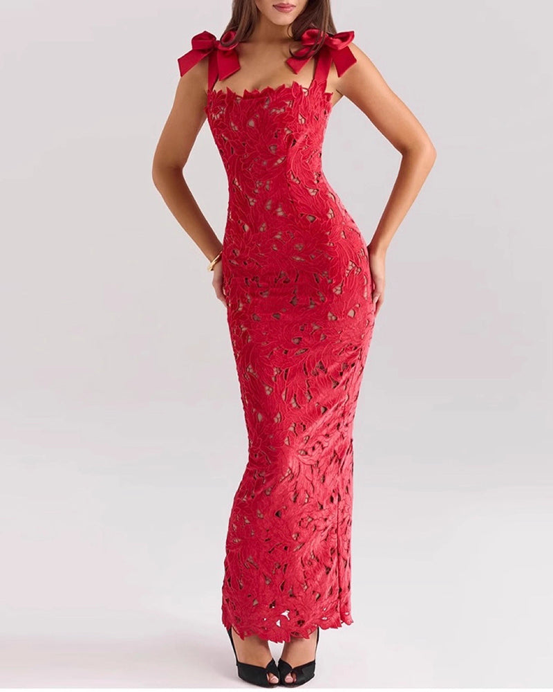 Ophira Black Velvet Bow Cutout Lace Maxi Dress
