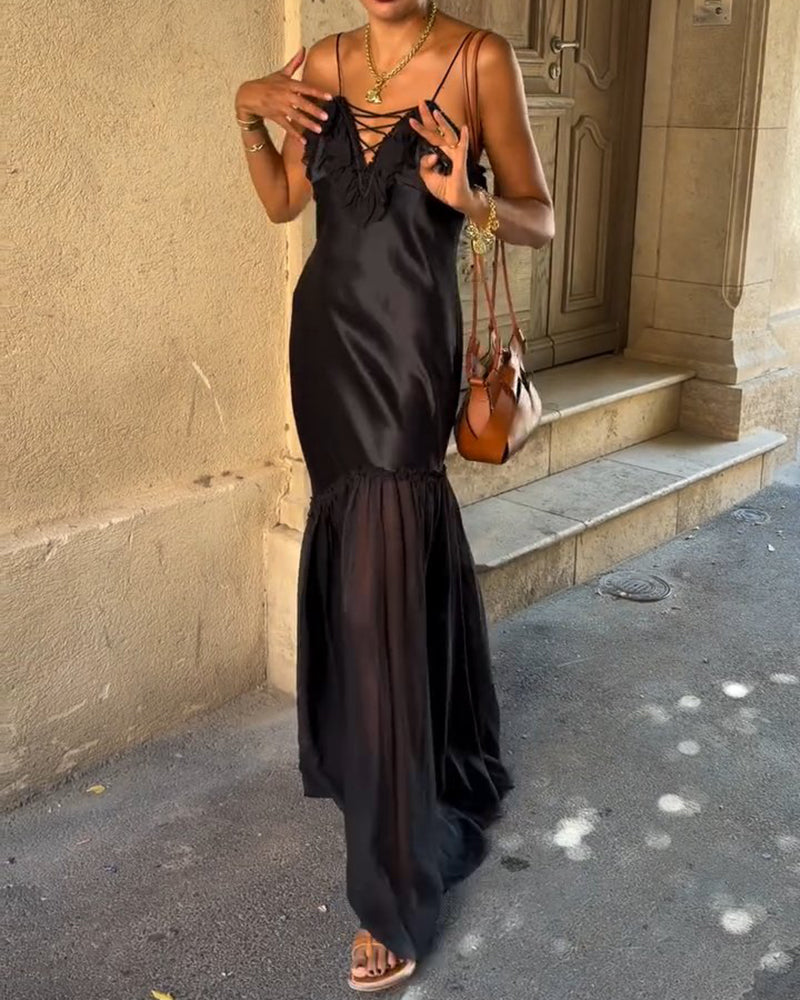 Liliana Black Ruffled Lace-Up Satin and Chiffon Slip Maxi Dress