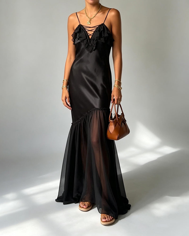 Liliana Black Ruffled Lace-Up Satin and Chiffon Slip Maxi Dress