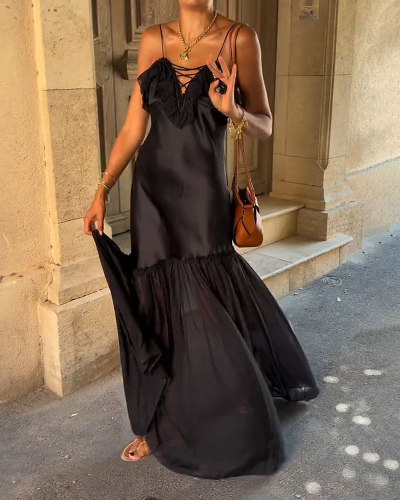 Liliana Black Ruffled Lace-Up Satin and Chiffon Slip Maxi Dress