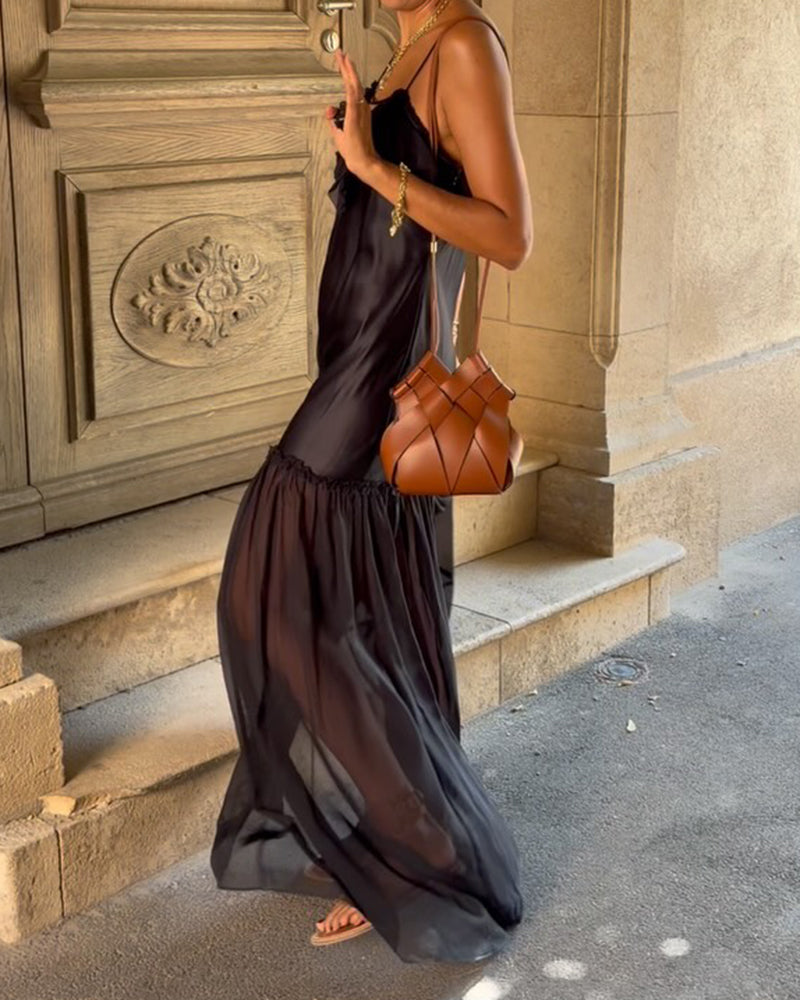 Liliana Black Ruffled Lace-Up Satin and Chiffon Slip Maxi Dress
