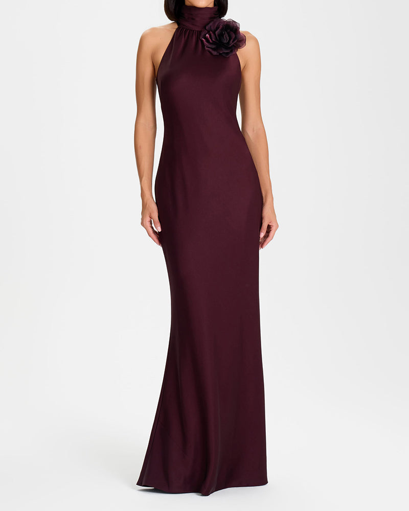 Anais Brown Floral Detail High Neck Halter Maxi Dress