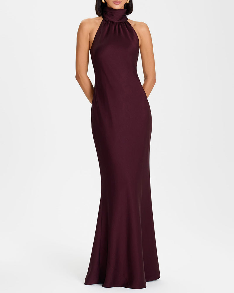 Anais Brown Floral Detail High Neck Halter Maxi Dress
